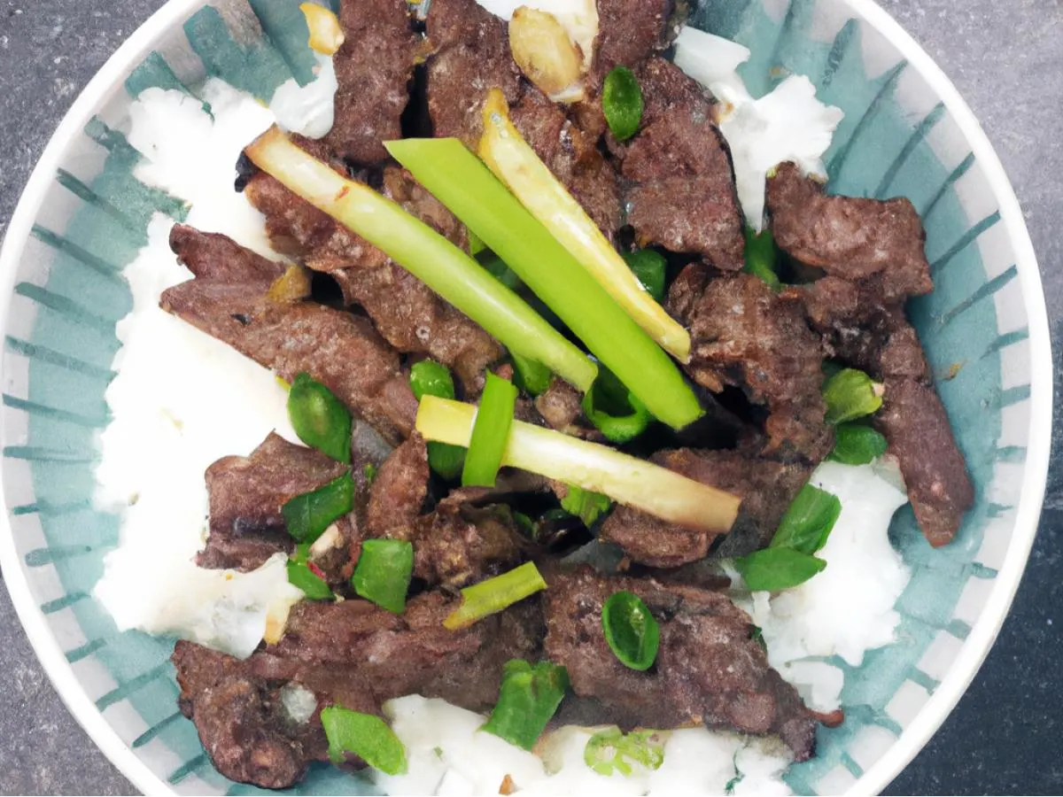 Beef With Scallions With Cabbage and Dry Chili. Served with White Rice Beef With Scallions With Cabbage and Dry Chili. Served with White Rice