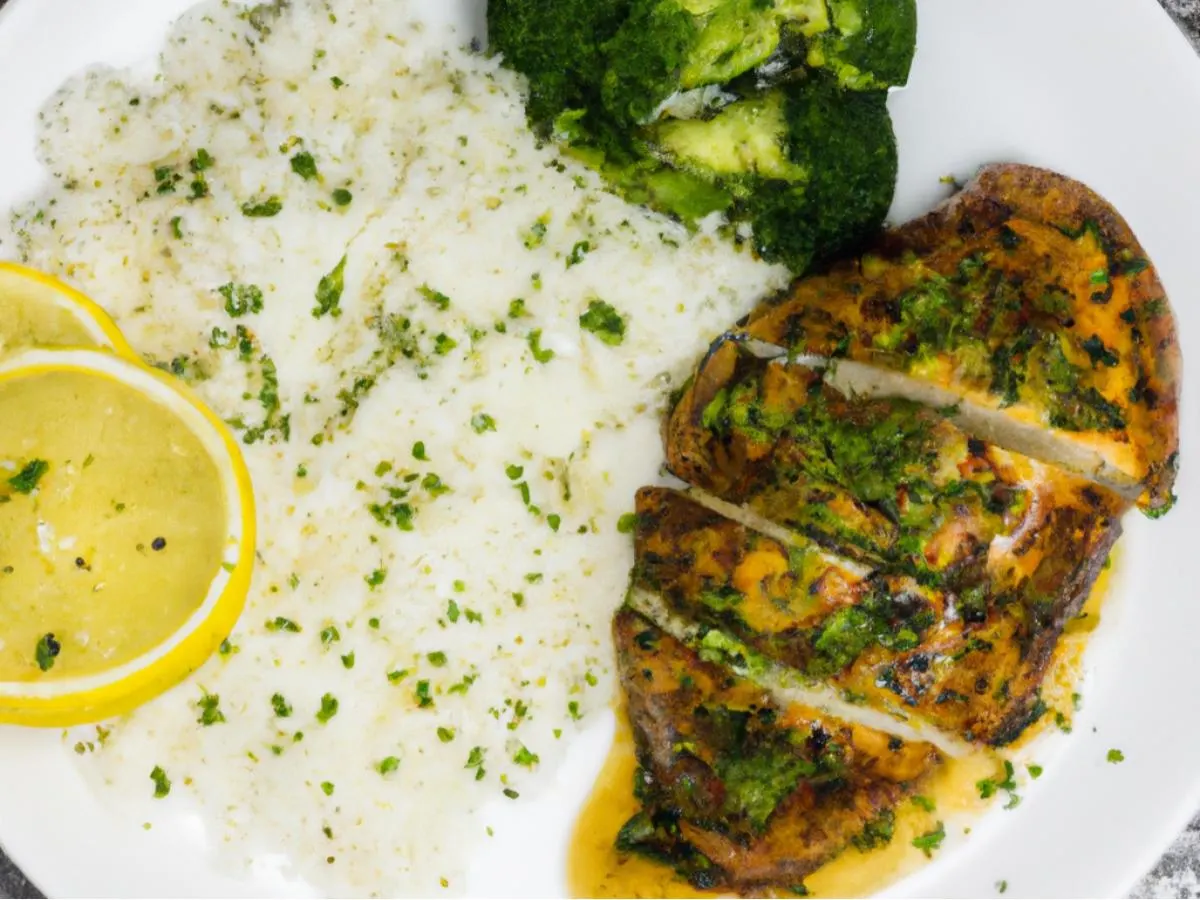 Roasted Lemon and Herb Chicken with Steamed White Rice and Steamed Broccoli with a Citrus Vinaigrette. Roasted Lemon and Herb Chicken with Steamed White Rice and Steamed Broccoli with a Citrus Vinaigrette.