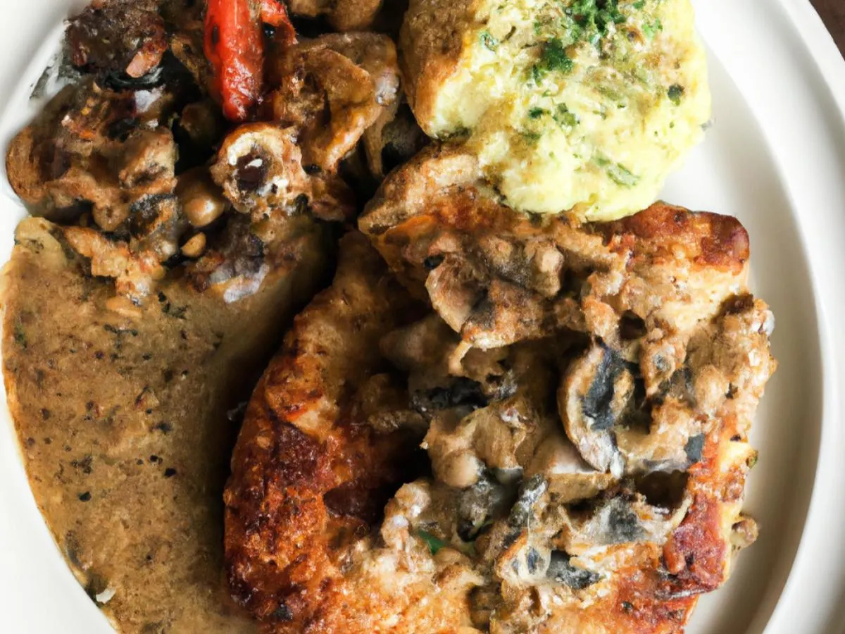 Pork Schnitzel and Mushroom Sauce with Spaetzle and Roasted Vegetables Pork Schnitzel and Mushroom Sauce with Spaetzle and Roasted Vegetables
