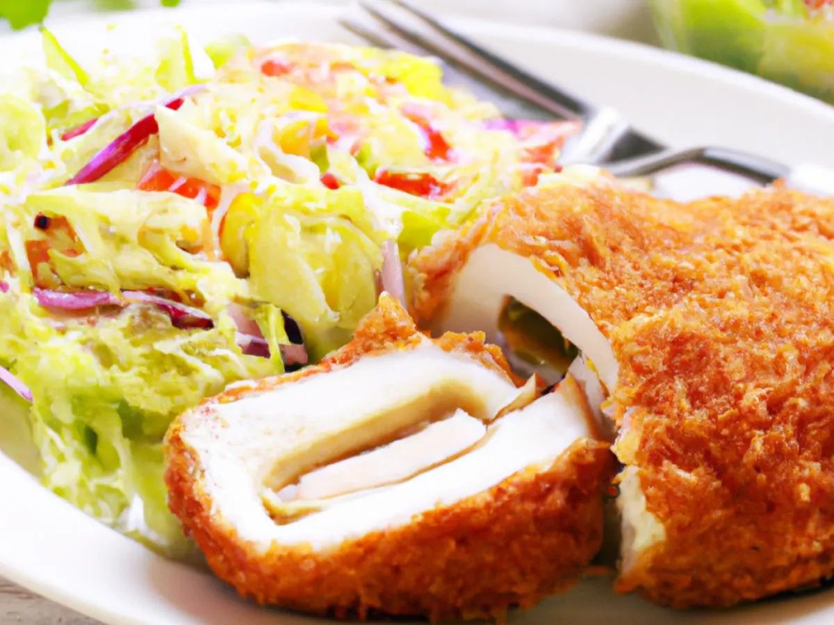 Pork Katsu Stuffed with Mozzarella with Steamed Vegetables and Cabbage Salad Pork Katsu Stuffed with Mozzarella with Steamed Vegetables and Cabbage Salad