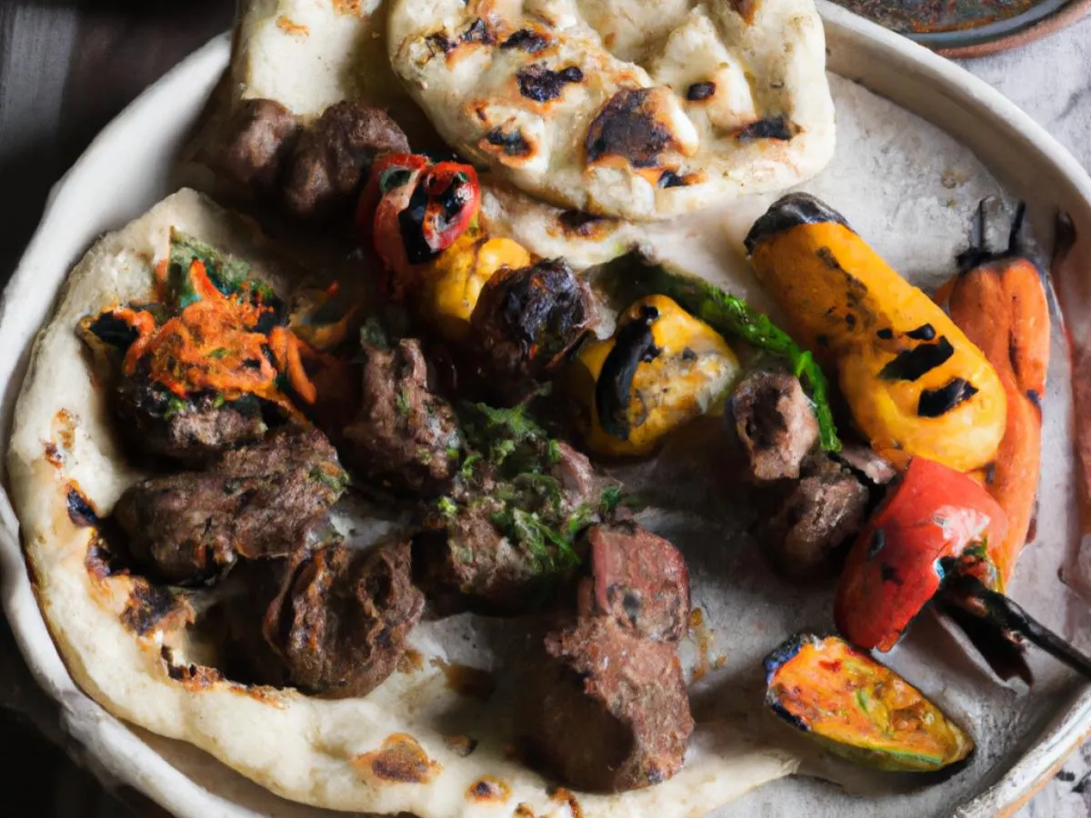 Lamb Boti Kabab and Roasted Veggies Served With Traditional Naan Lamb Boti Kabab and Roasted Veggies Served With Traditional Naan