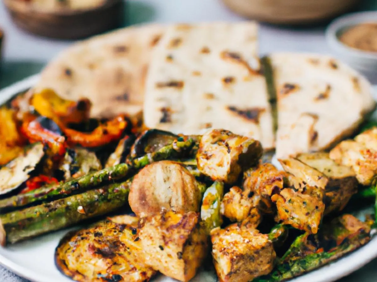 Vegan Tofu Kabab and Roasted Veggies Served With Traditional Naan Vegan Tofu Kabab and Roasted Veggies Served With Traditional Naan