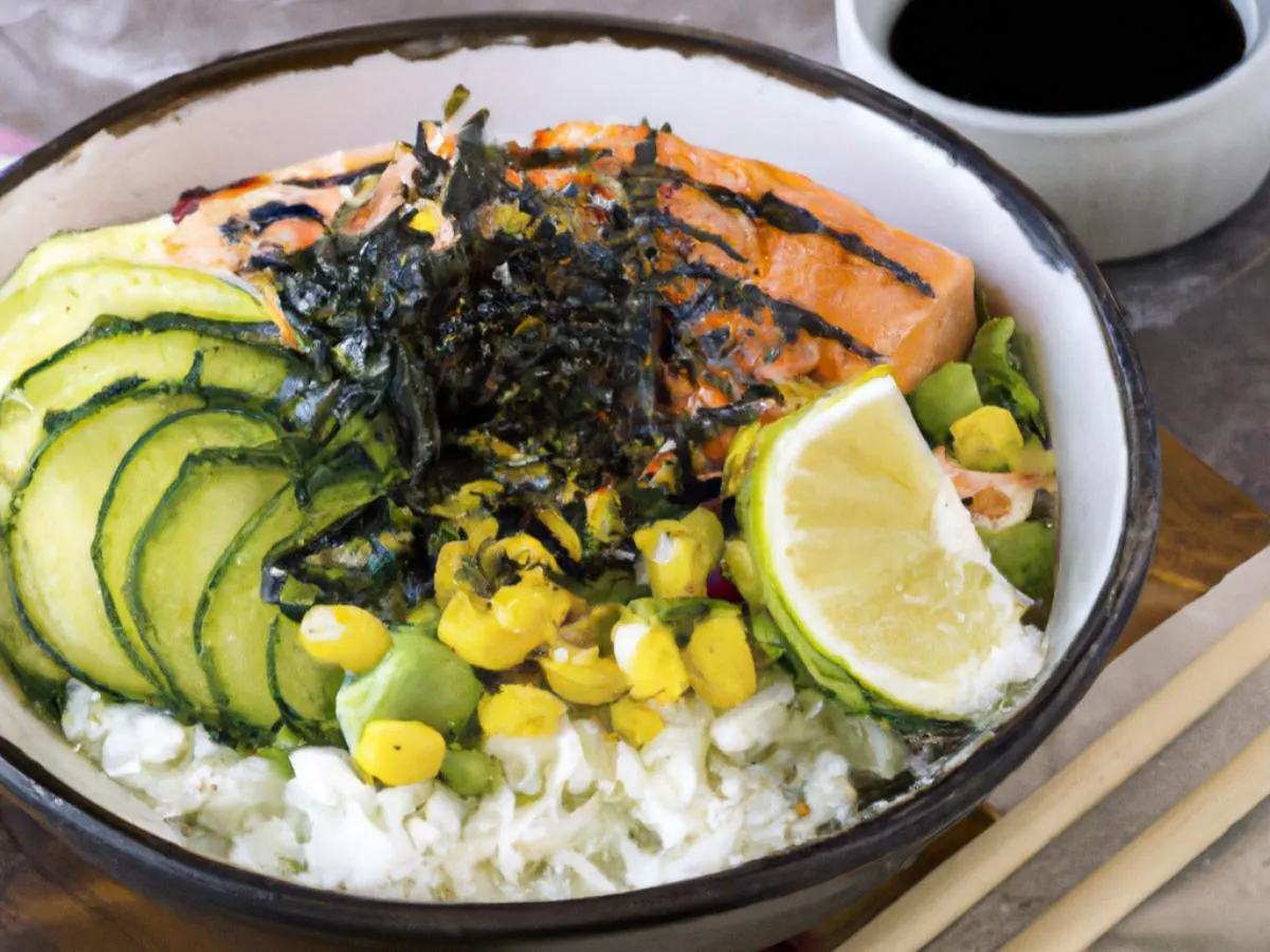 Regular Salmon over White Rice with Cucumber, Cabbage, Sweet Corn, Edamame, Seaweed Salad, and Shredded Nori Regular Salmon over White Rice with Cucumber, Cabbage, Sweet Corn, Edamame, Seaweed Salad, and Shredded Nori
