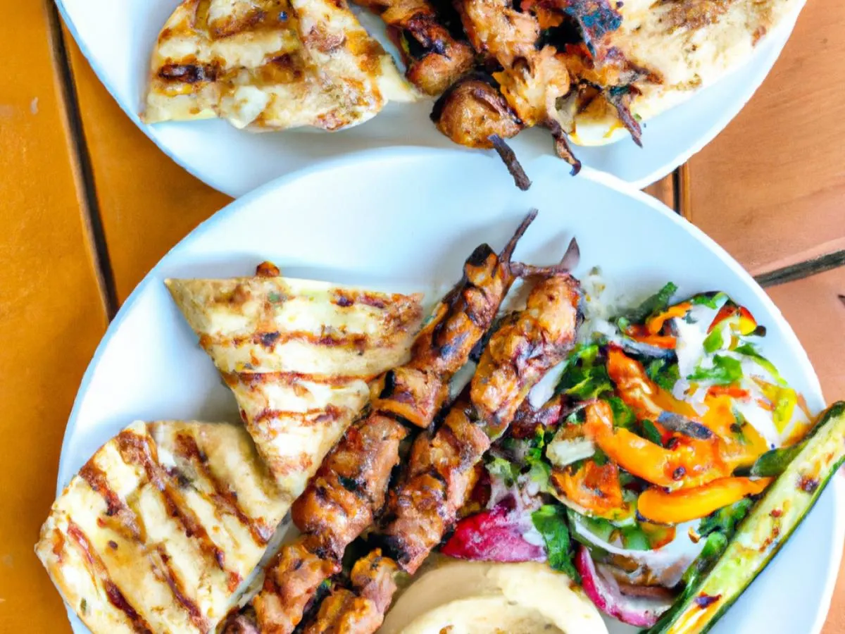 Pork and Vegetable Kalamaki Skewers with Prasini Salad, Hummus, and Pita Pork and Vegetable Kalamaki Skewers with Prasini Salad, Hummus, and Pita