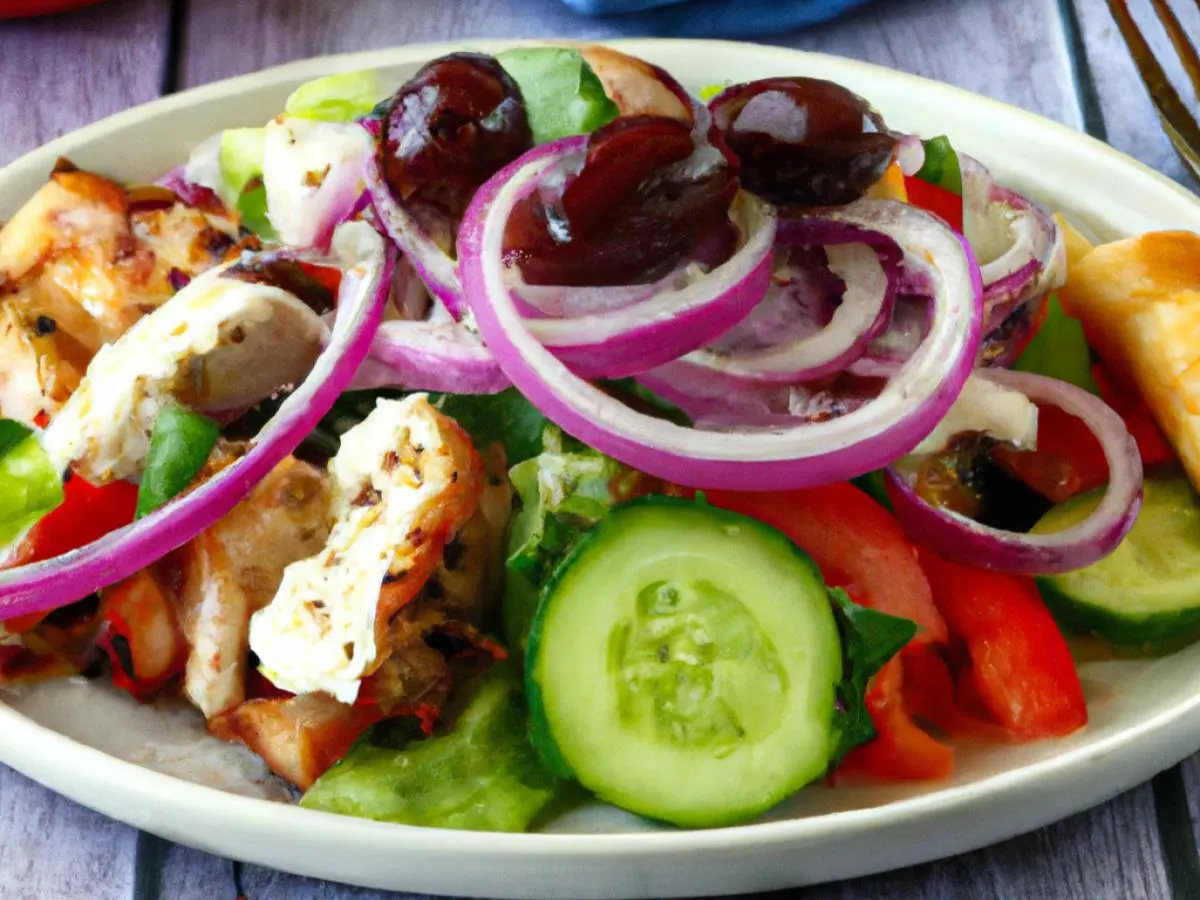 Greek Salad with Chicken Souvlaki and Vinaigrette & Pita Greek Salad with Chicken Souvlaki and Vinaigrette & Pita