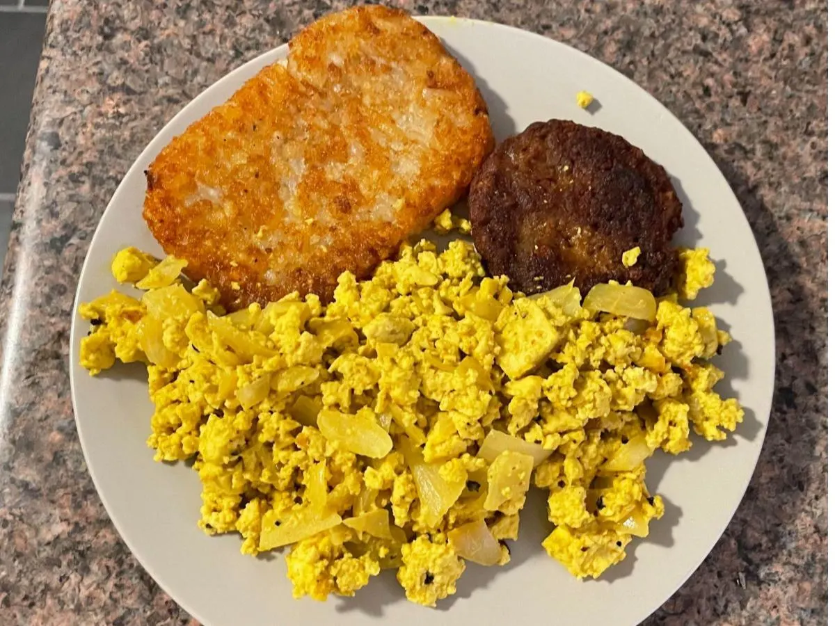 Scrambled Tofu and Vegan Sausage Box with Hash Browns