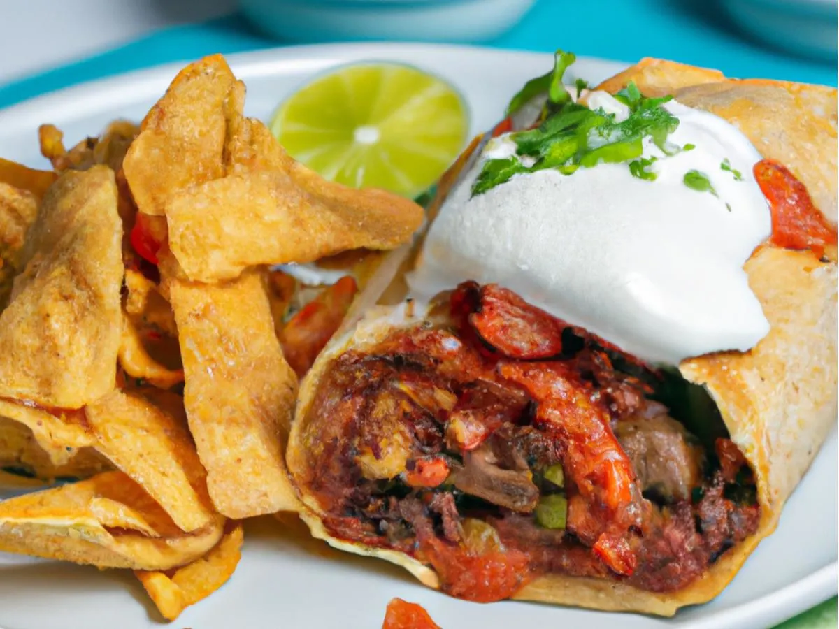 Tio Luis Beef Tinga Burrito With Chips and Salsa Tio Luis Beef Tinga Burrito With Chips and Salsa