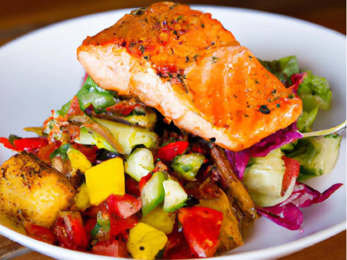 Grilled Salmon Plate with Roasted Vegetables & Mediterranean Salad (GF, DF) Grilled Salmon Plate with Roasted Vegetables & Mediterranean Salad (GF, DF)
