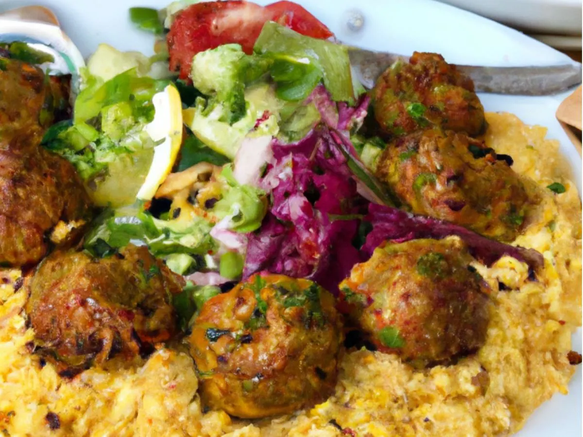 Turkish Meatballs with Almonds With Cous Cous, Medditerannean Salad, Hummus and Pita Turkish Meatballs with Almonds With Cous Cous, Medditerannean Salad, Hummus and Pita
