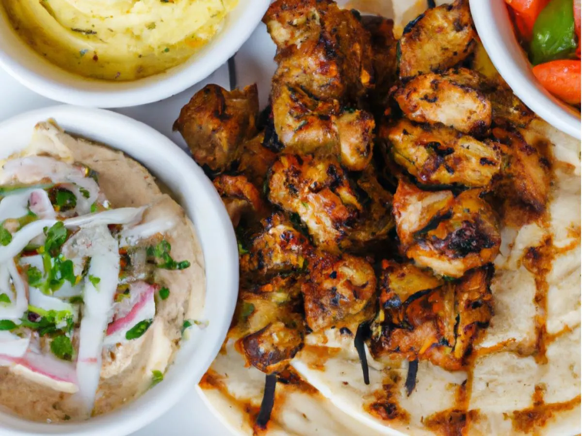Spicy Chicken Kabob With Sabich, Medditerannean Salad, Hummus and Pita Spicy Chicken Kabob With Sabich, Medditerannean Salad, Hummus and Pita