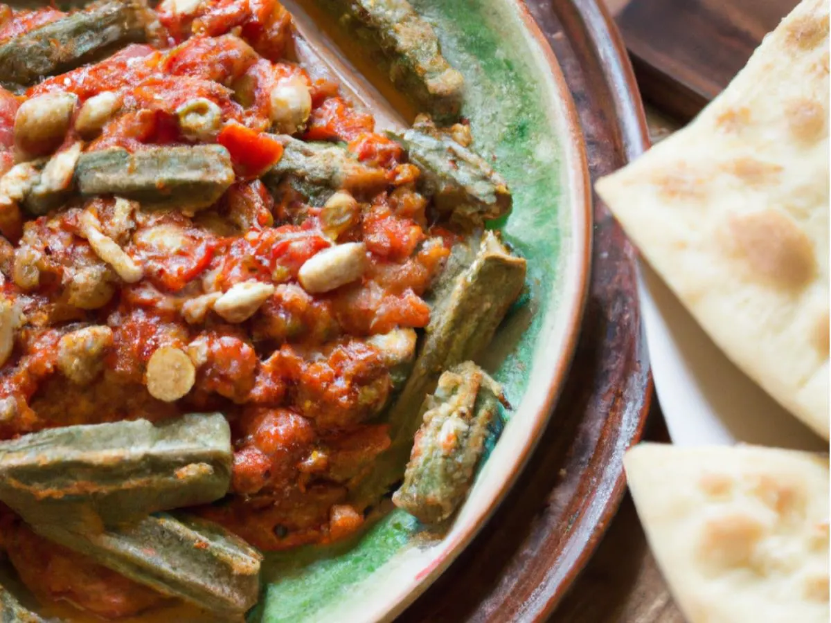 Okra Stew with Almonds With Sabich, Medditerannean Salad, Hummus and Pita Okra Stew with Almonds With Sabich, Medditerannean Salad, Hummus and Pita