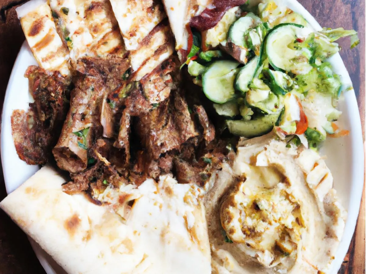 Steak Shawarma With Sabich, Medditerannean Salad, Hummus and Pita Steak Shawarma With Sabich, Medditerannean Salad, Hummus and Pita