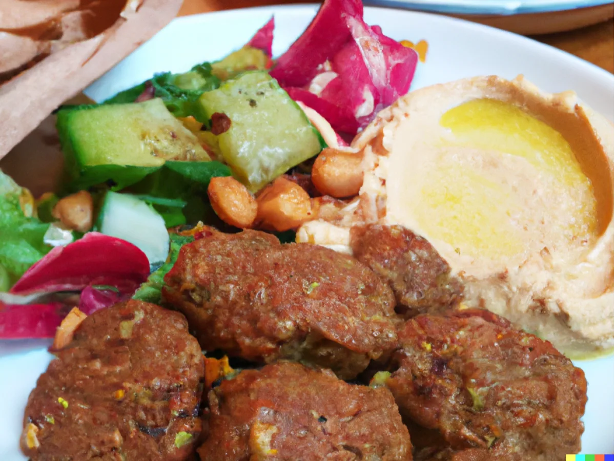 Turkish Meatballs with Almonds With Sabich, Medditerannean Salad, Hummus and Pita Turkish Meatballs with Almonds With Sabich, Medditerannean Salad, Hummus and Pita