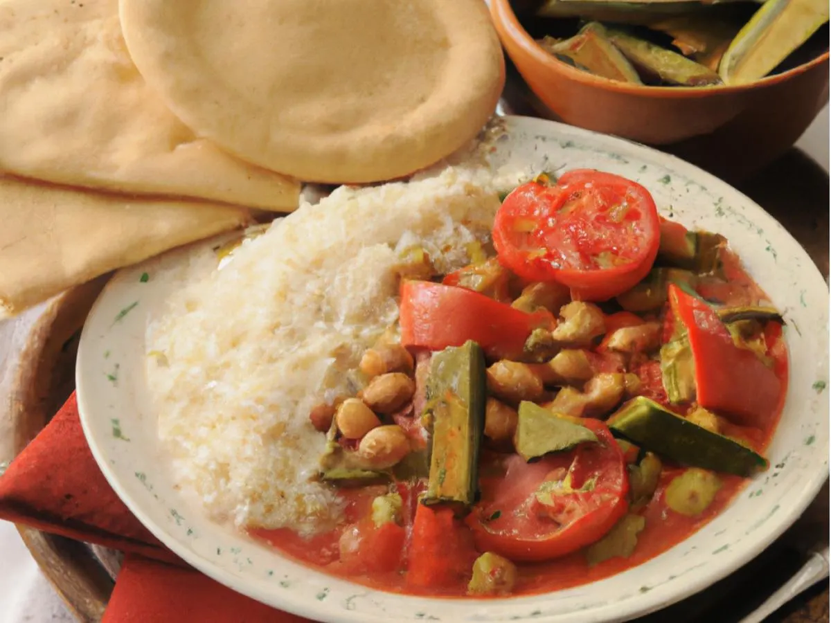 Okra Stew with Almonds With Basmati Rice, Tabouli Salad, Hummus and Pita Okra Stew with Almonds With Basmati Rice, Tabouli Salad, Hummus and Pita
