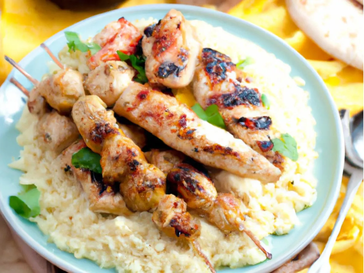 Spicy Chicken Kebab With Couscous, Baba Ghanouj, Hummus and Pita Spicy Chicken Kebab With Couscous, Baba Ghanouj, Hummus and Pita