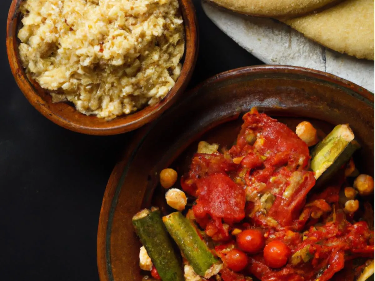 Okra Stew with Almonds With Couscous, Baba Ghanouj, Hummus and Pita Okra Stew with Almonds With Couscous, Baba Ghanouj, Hummus and Pita