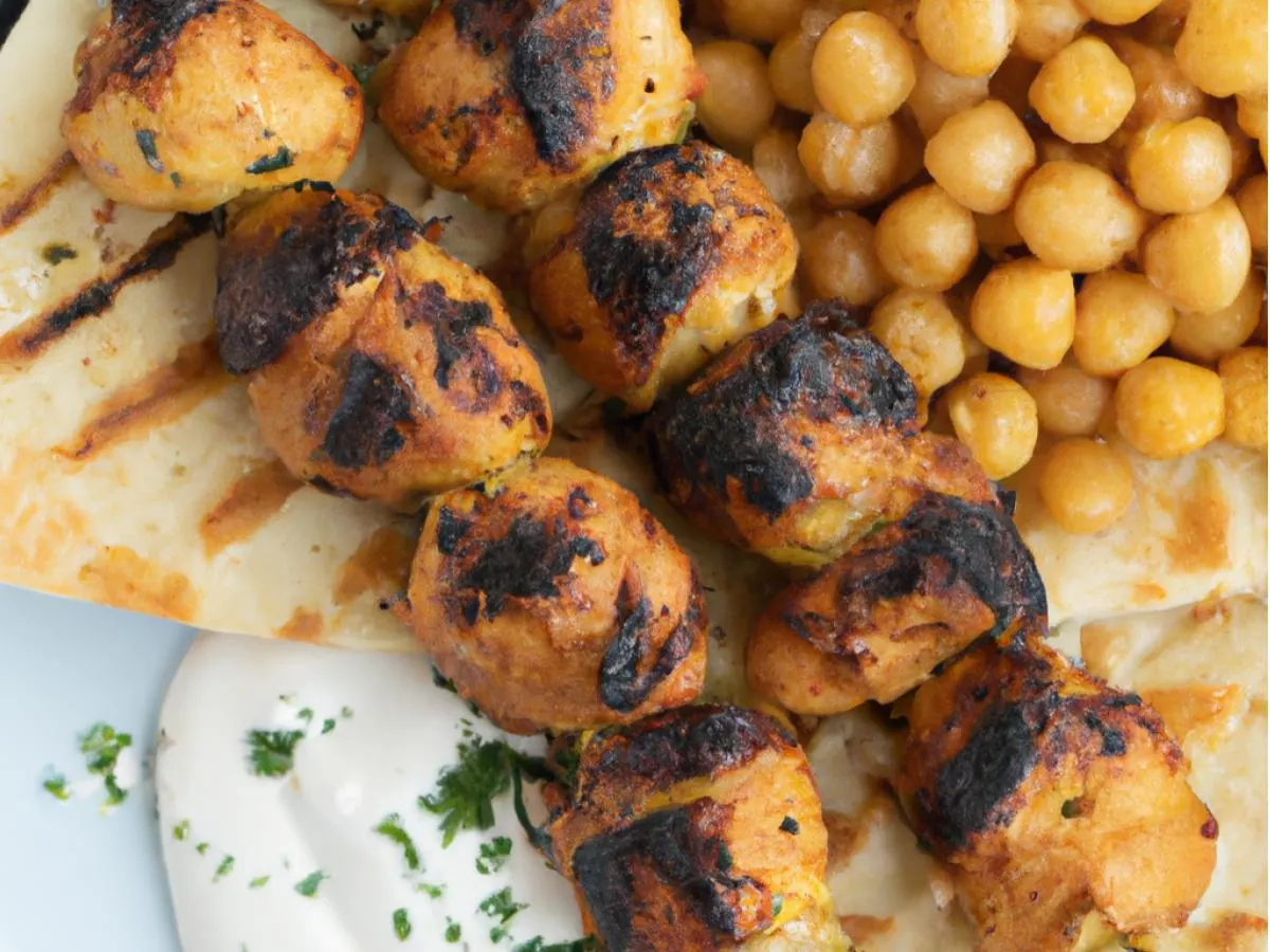 Spicy Chicken Kebab With Sabich, Chickpea Salad, Persian Yogurt and Pita Spicy Chicken Kebab With Sabich, Chickpea Salad, Persian Yogurt and Pita