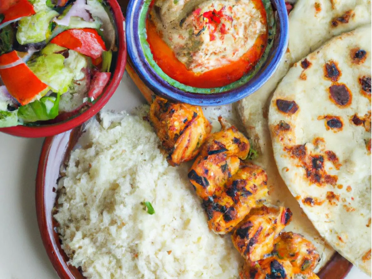 Spicy Chicken Kabob With Basmati Rice, Medditerannean Salad, Hummus and Pita Spicy Chicken Kabob With Basmati Rice, Medditerannean Salad, Hummus and Pita