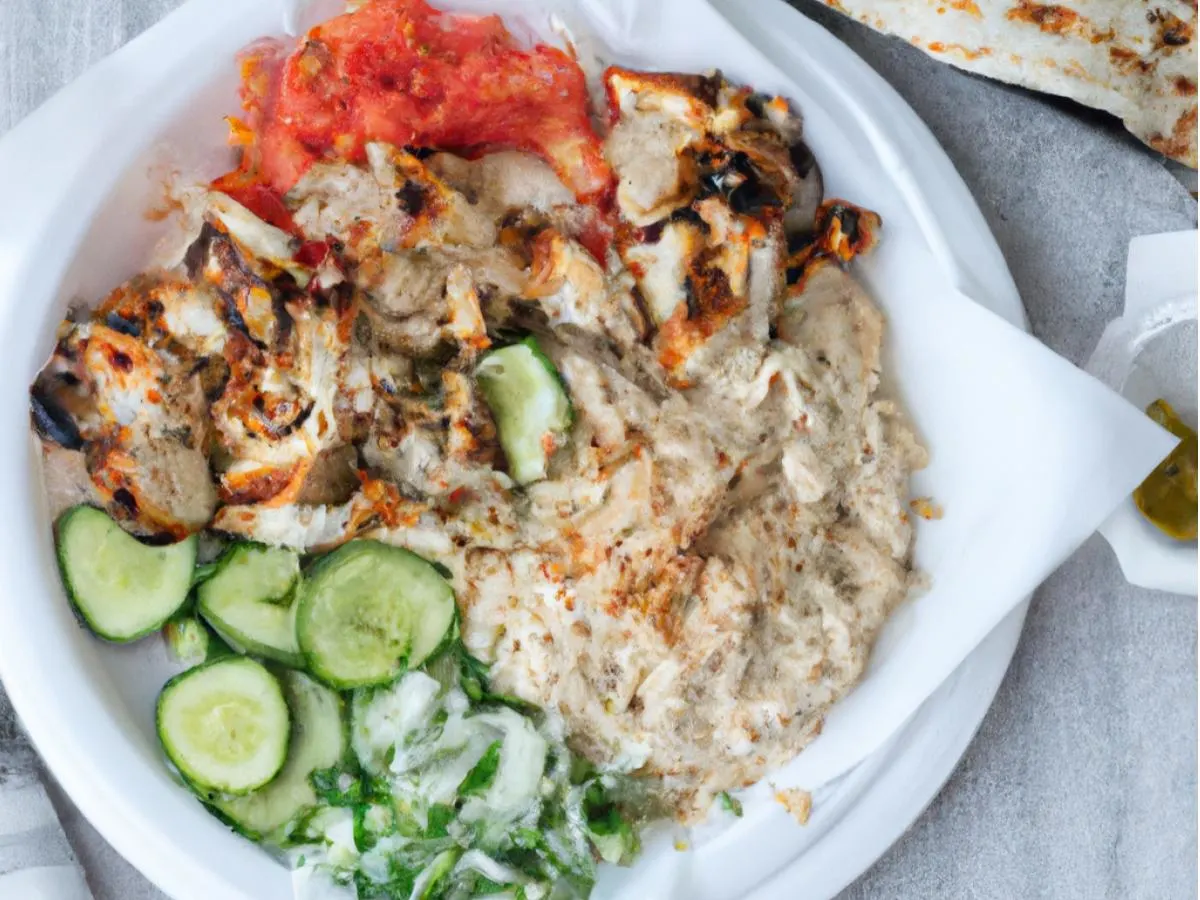 Chicken Shawarma With Basmati Rice, Medditerannean Salad, Hummus and Pita Chicken Shawarma With Basmati Rice, Medditerannean Salad, Hummus and Pita