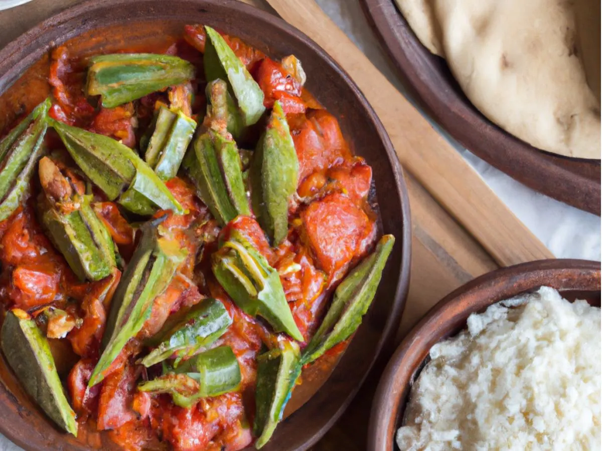Okra Stew with Almonds With Basmati Rice, Medditerannean Salad, Hummus and Pita Okra Stew with Almonds With Basmati Rice, Medditerannean Salad, Hummus and Pita