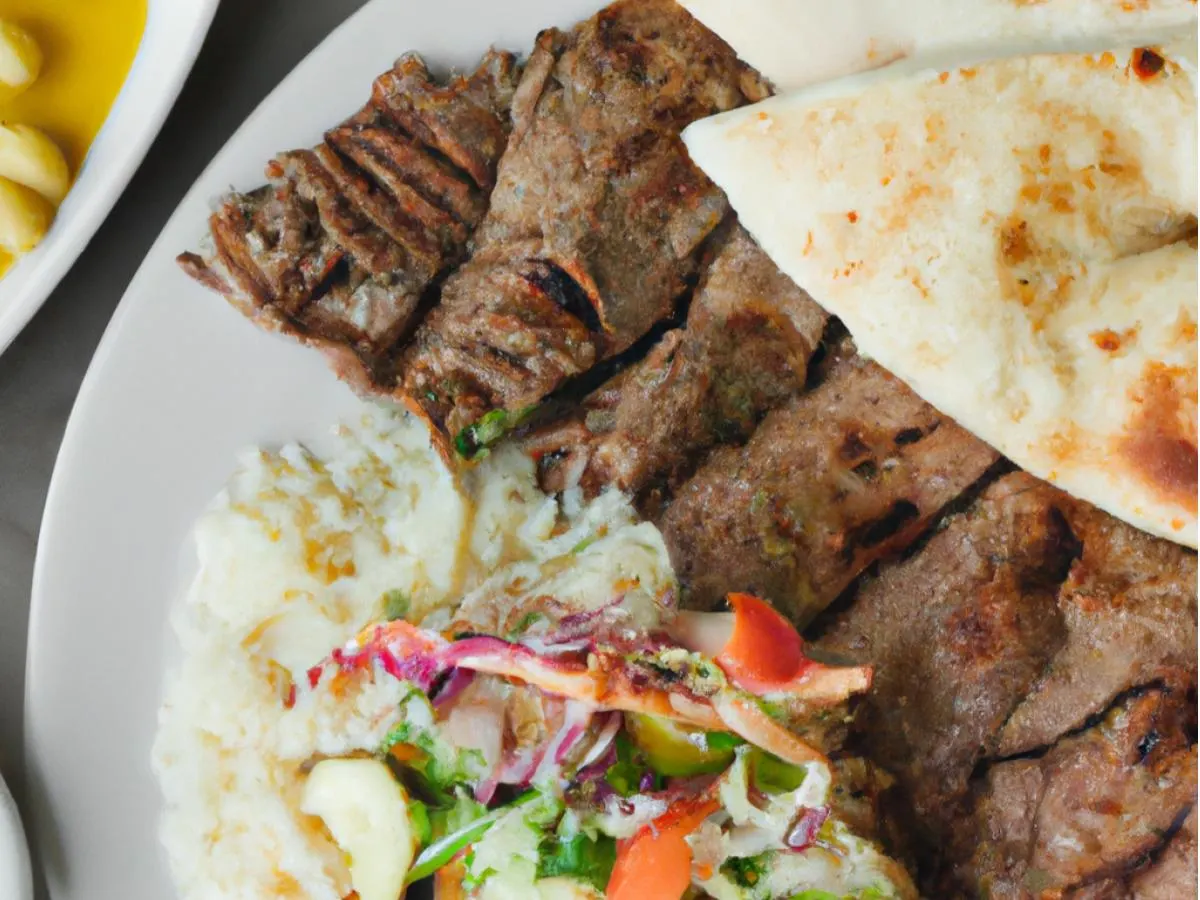 Steak Shawarma With Basmati Rice, Medditerannean Salad, Hummus and Pita Steak Shawarma With Basmati Rice, Medditerannean Salad, Hummus and Pita
