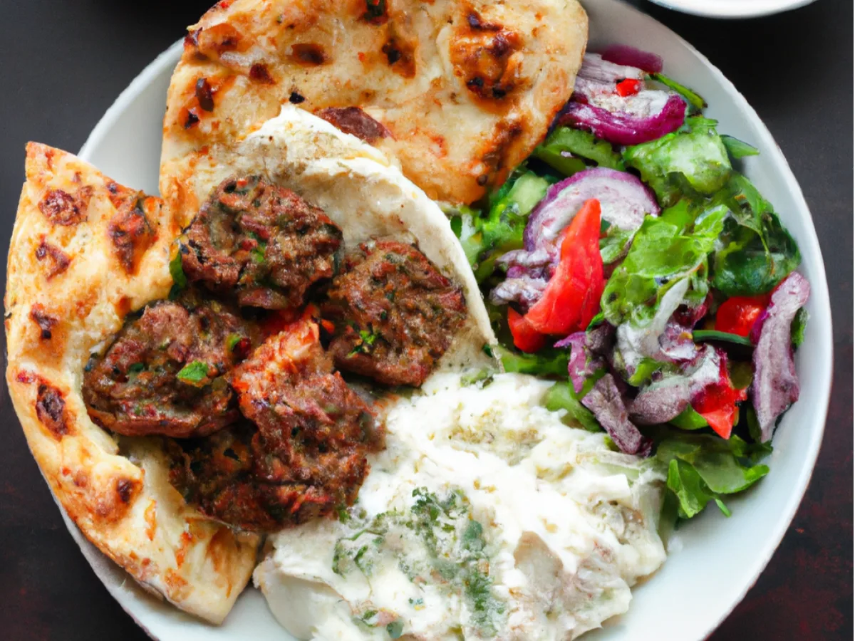 Turkish Meatballs with Almonds With Basmati Rice, Medditerannean Salad, Hummus and Pita Turkish Meatballs with Almonds With Basmati Rice, Medditerannean Salad, Hummus and Pita