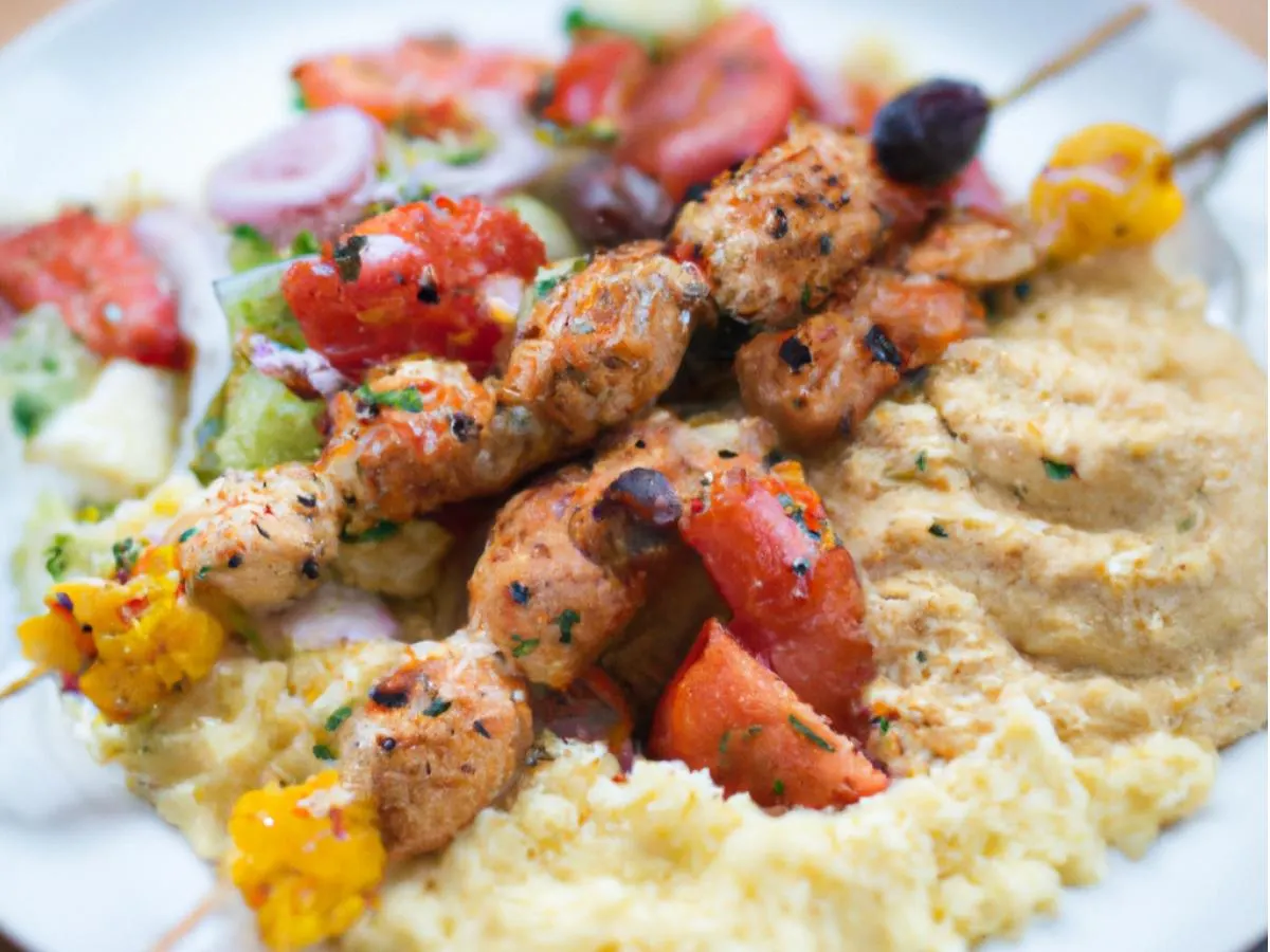 Spicy Chicken Kabob With Cous Cous, Medditerannean Salad, Hummus and Pita Spicy Chicken Kabob With Cous Cous, Medditerannean Salad, Hummus and Pita