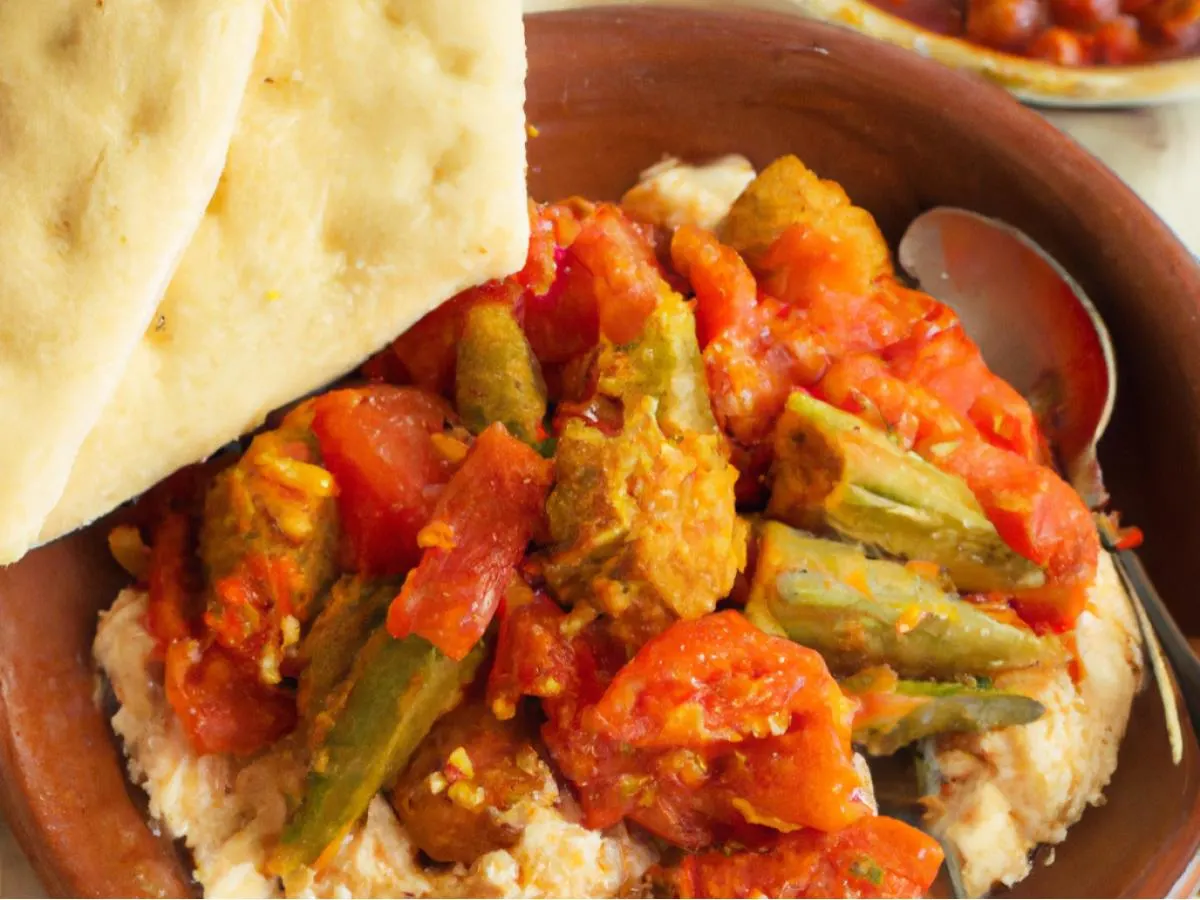Okra Stew with Almonds With Cous Cous, Medditerannean Salad, Hummus and Pita Okra Stew with Almonds With Cous Cous, Medditerannean Salad, Hummus and Pita