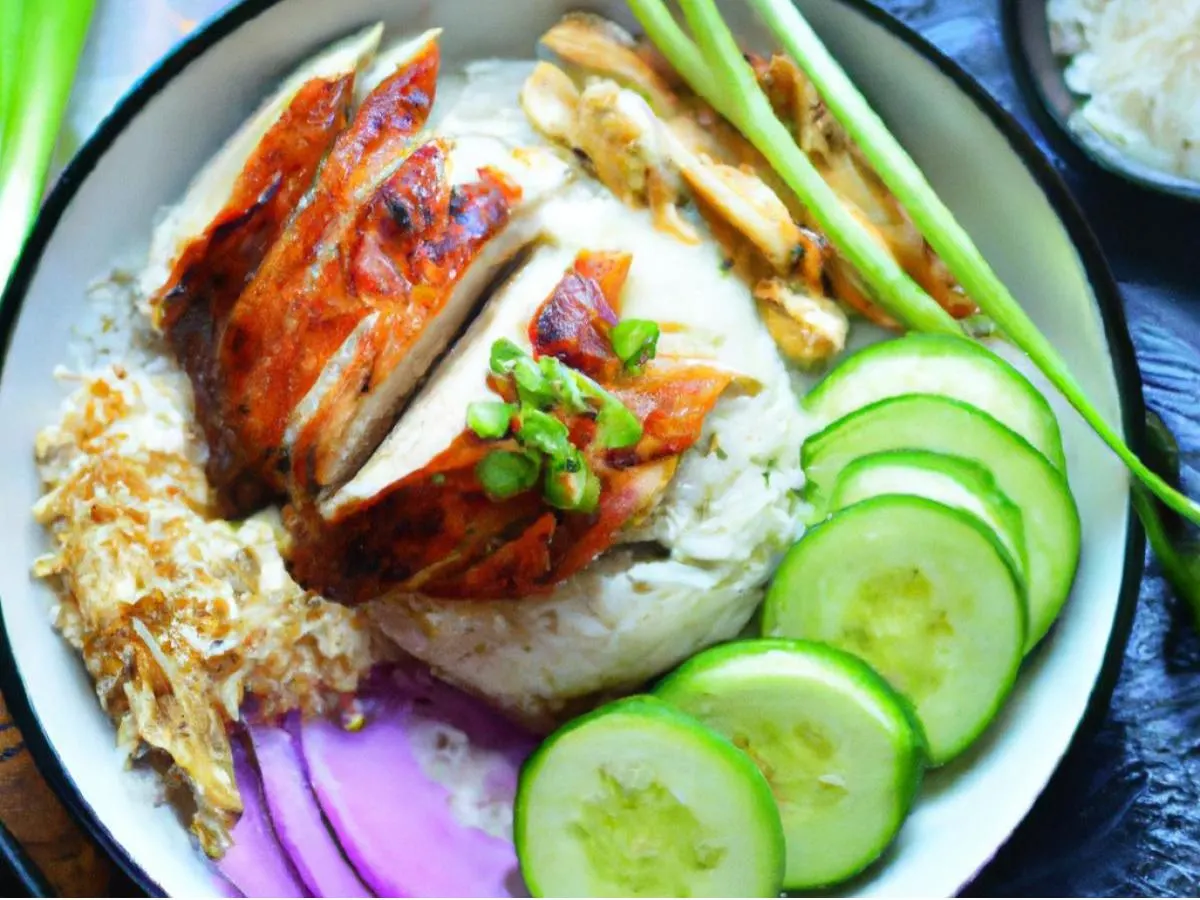 Regular Grilled Chicken over White Rice with Cucumber, Sweet Onion, Cabbage, Cilantro, Pickled Ginger and Garlic Crisps Regular Grilled Chicken over White Rice with Cucumber, Sweet Onion, Cabbage, Cilantro, Pickled Ginger and Garlic Crisps