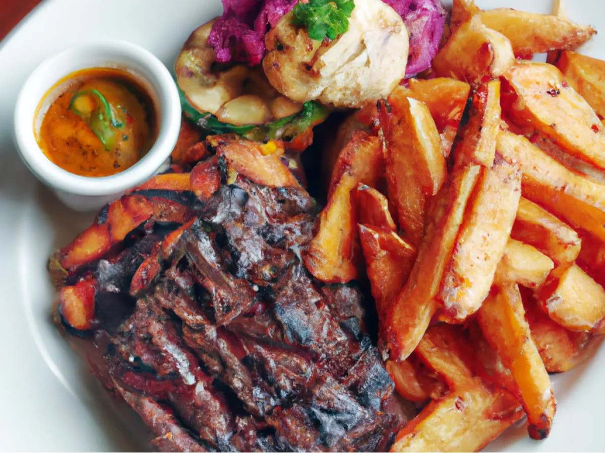 Steak Grilled with Yucca Fries, Sweet Plantains and Rocoto Salsa Steak Grilled with Yucca Fries, Sweet Plantains and Rocoto Salsa