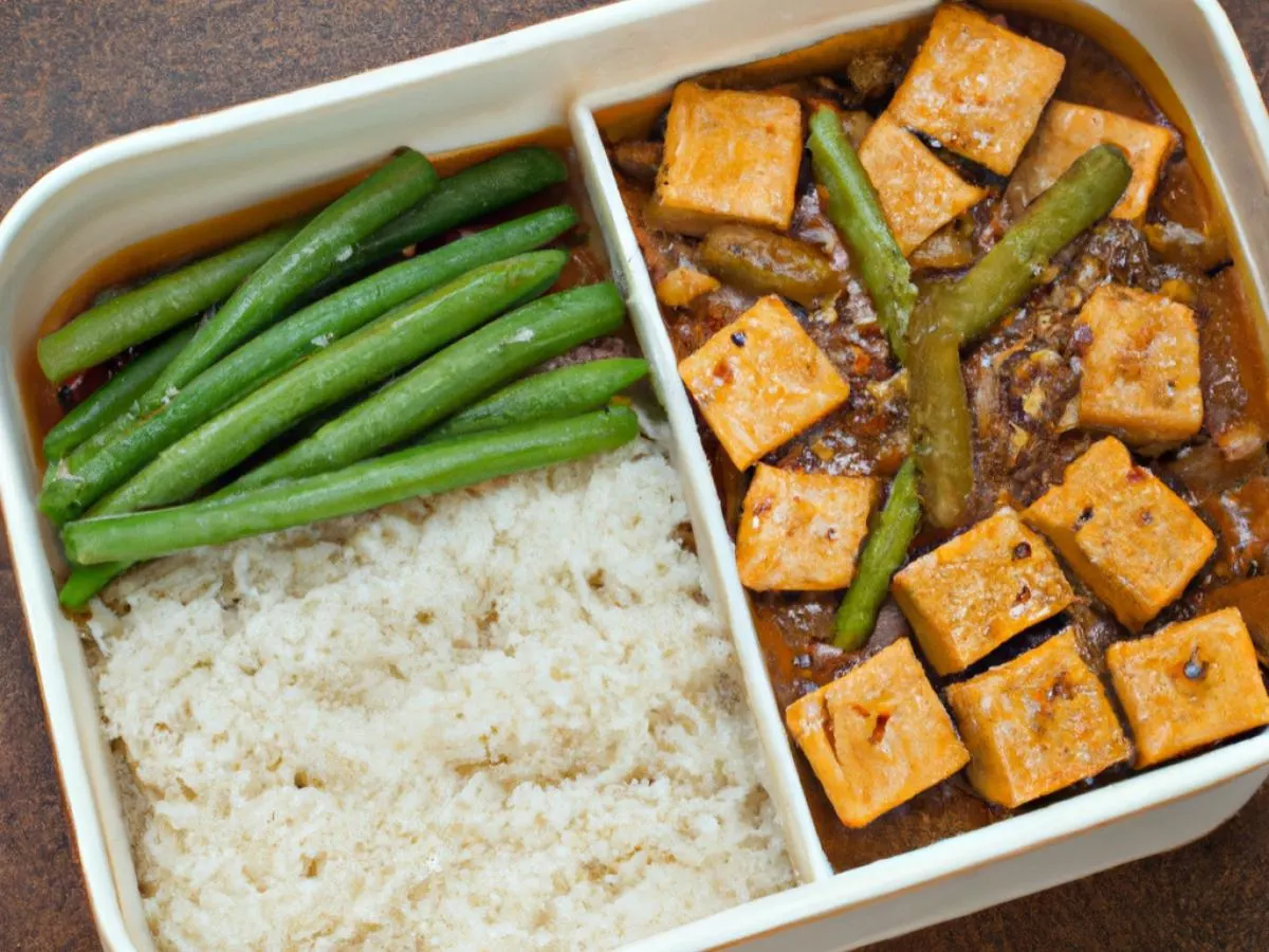 Vegetarian Mapo Tofu, String Beans, Brown Rice