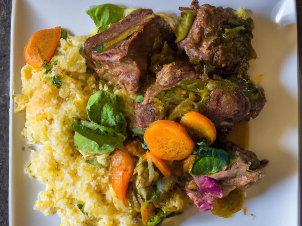 Halal Spicy Braised Lamb With Lemon Rice and Mixed Vegetables