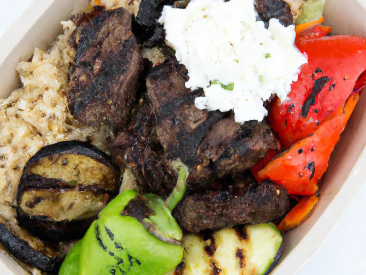 Beef Kabob Bowl with Hot Sauce and Hummus Beef Kabob Bowl with Hot Sauce and Hummus