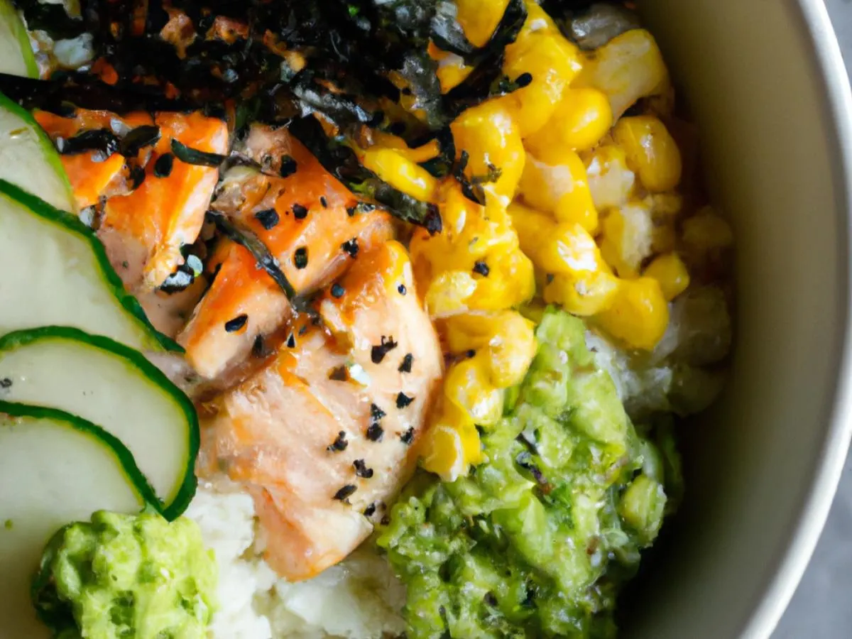 Regular Salmon over White Rice with Cucumber, Cabbage, Sweet Corn, Edamame, Seaweed Salad, and Shredded Nori Regular Salmon over White Rice with Cucumber, Cabbage, Sweet Corn, Edamame, Seaweed Salad, and Shredded Nori