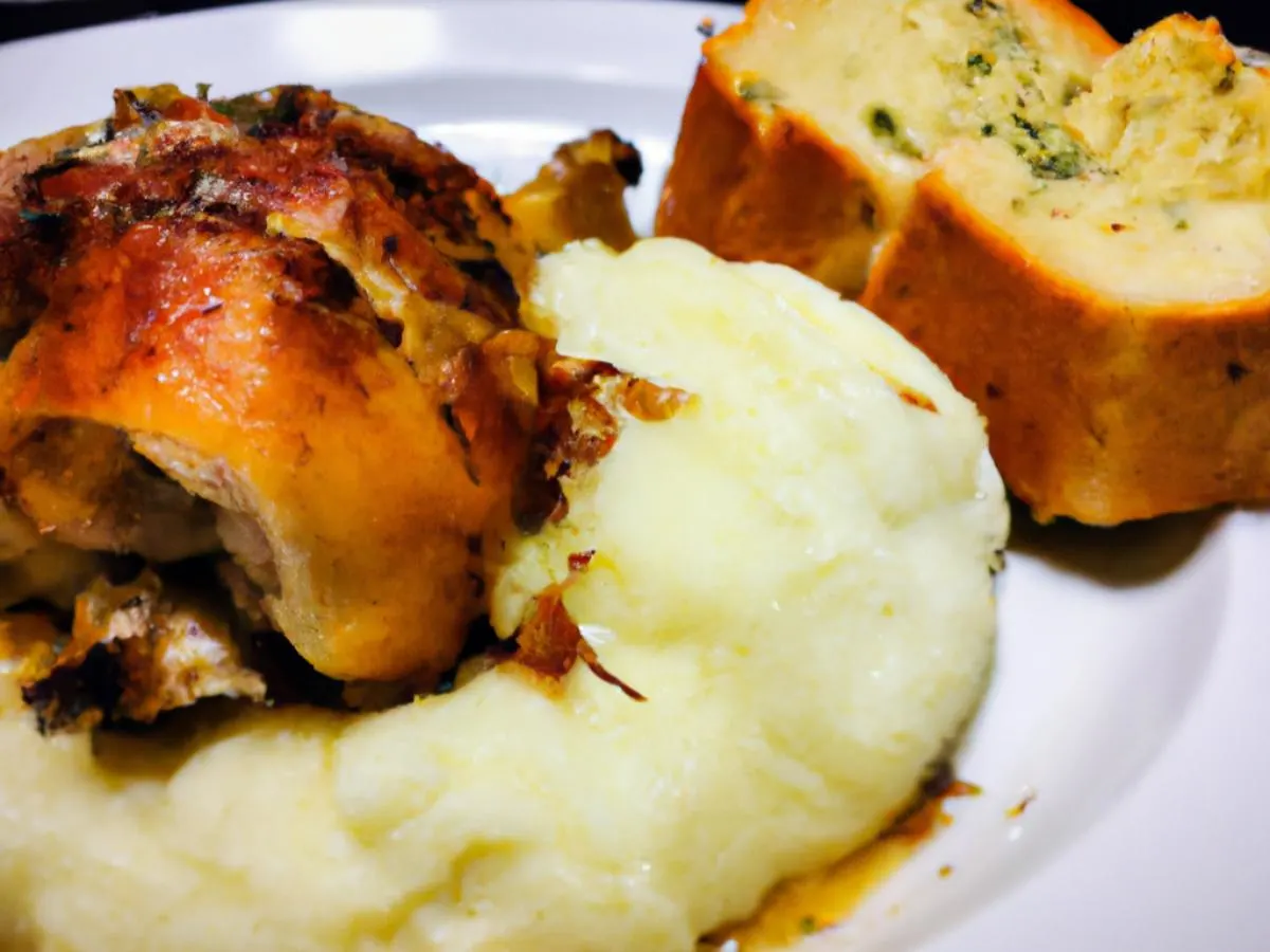 Bone in Chicken With Cheesy Mashed Potatoes and Garlic Bread
