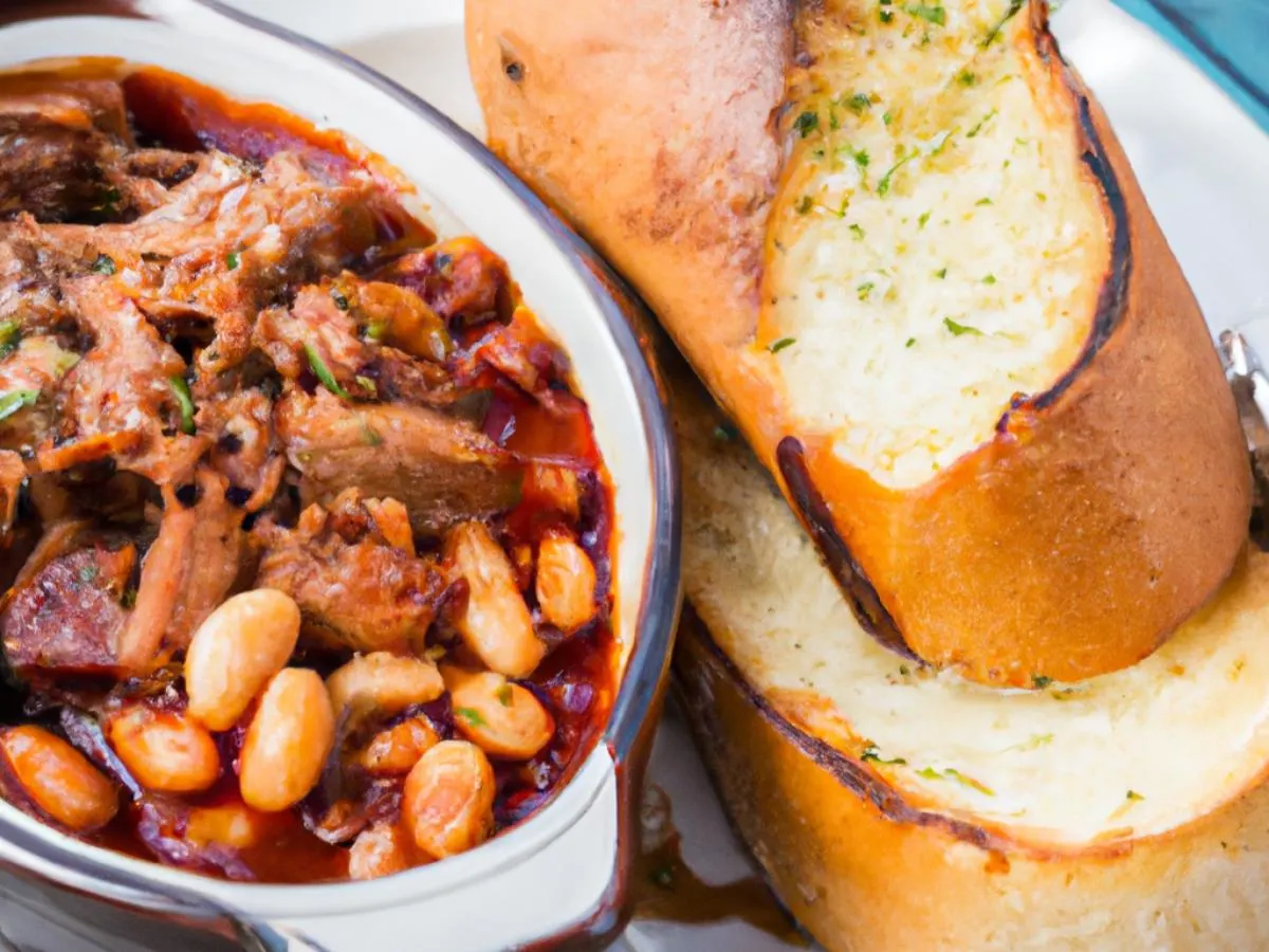 Pulled Pork With Brisket Beans and Garlic Bread
