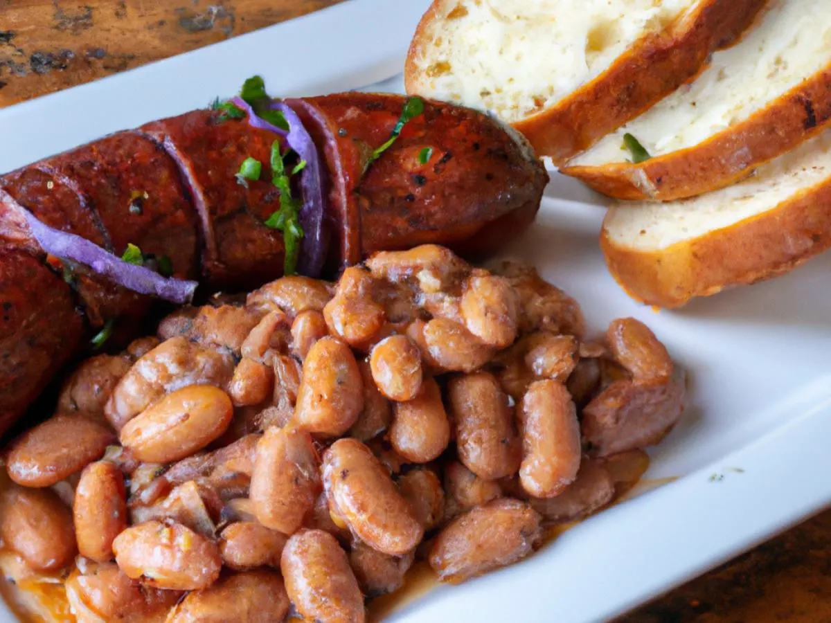 Andouille Sausage With Brisket Beans and Garlic Bread