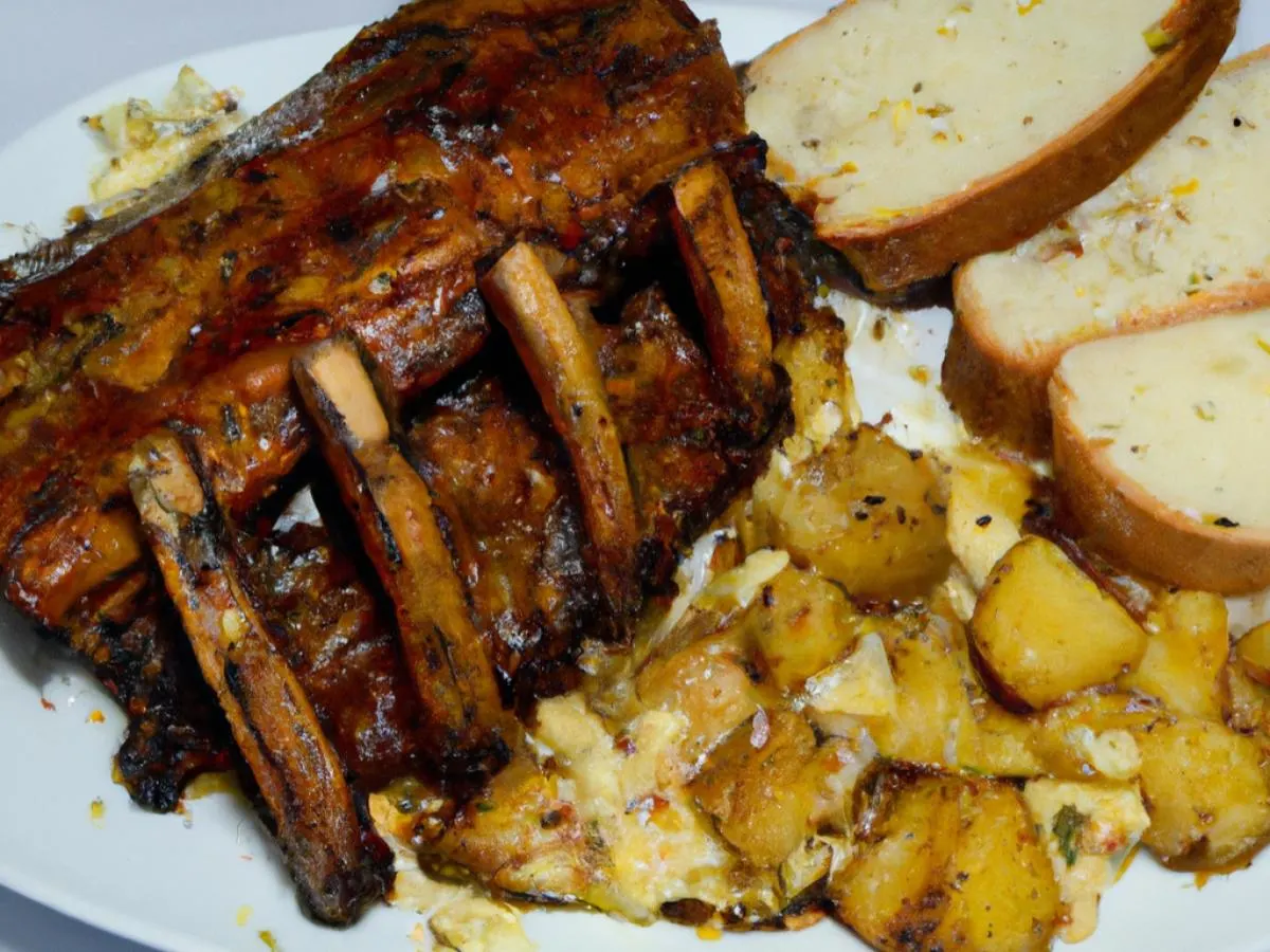 Pork Ribs With Potato Salad and Garlic Bread