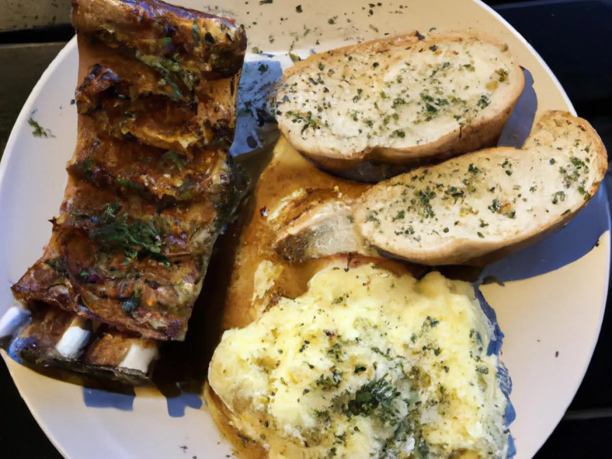 Pork Ribs With Cheesy Mashed Potatoes and Garlic Bread