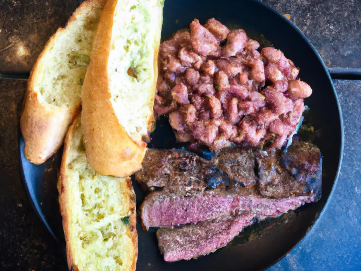 Tri Tip With Brisket Beans and Garlic Bread