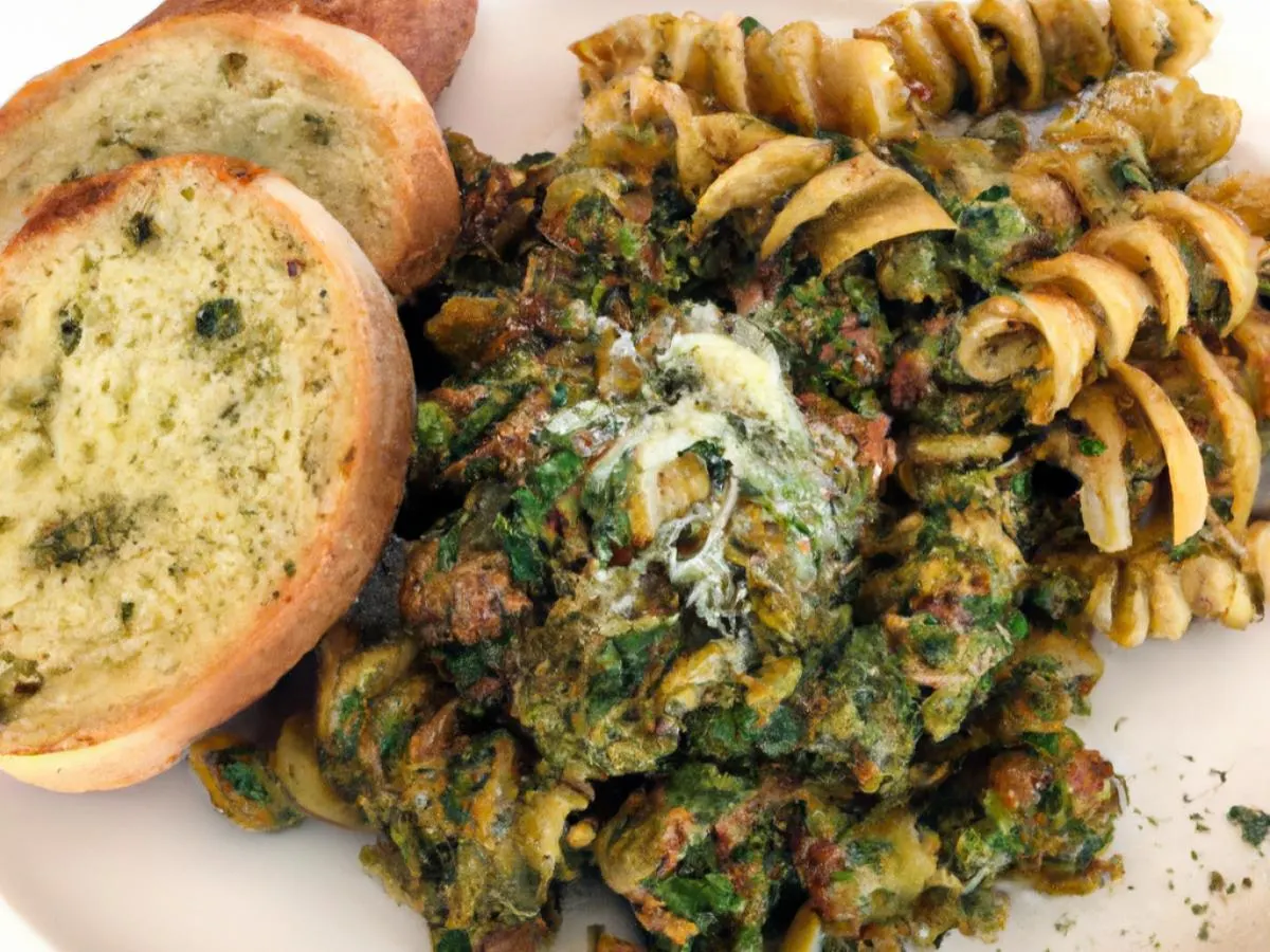 Pesto Pasta With Brisket Beans and Garlic Bread