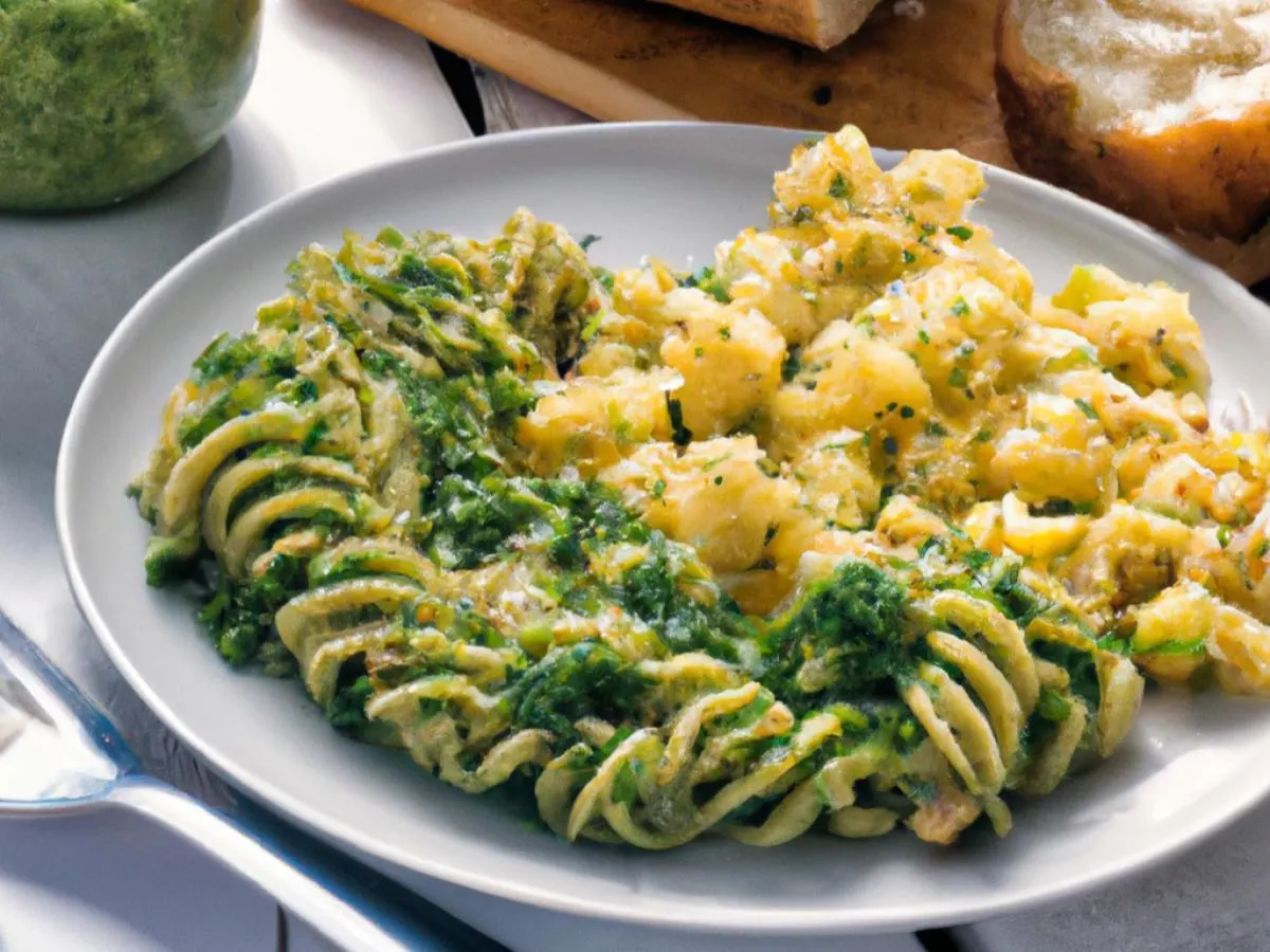 Pesto Pasta With Potato Salad and Garlic Bread
