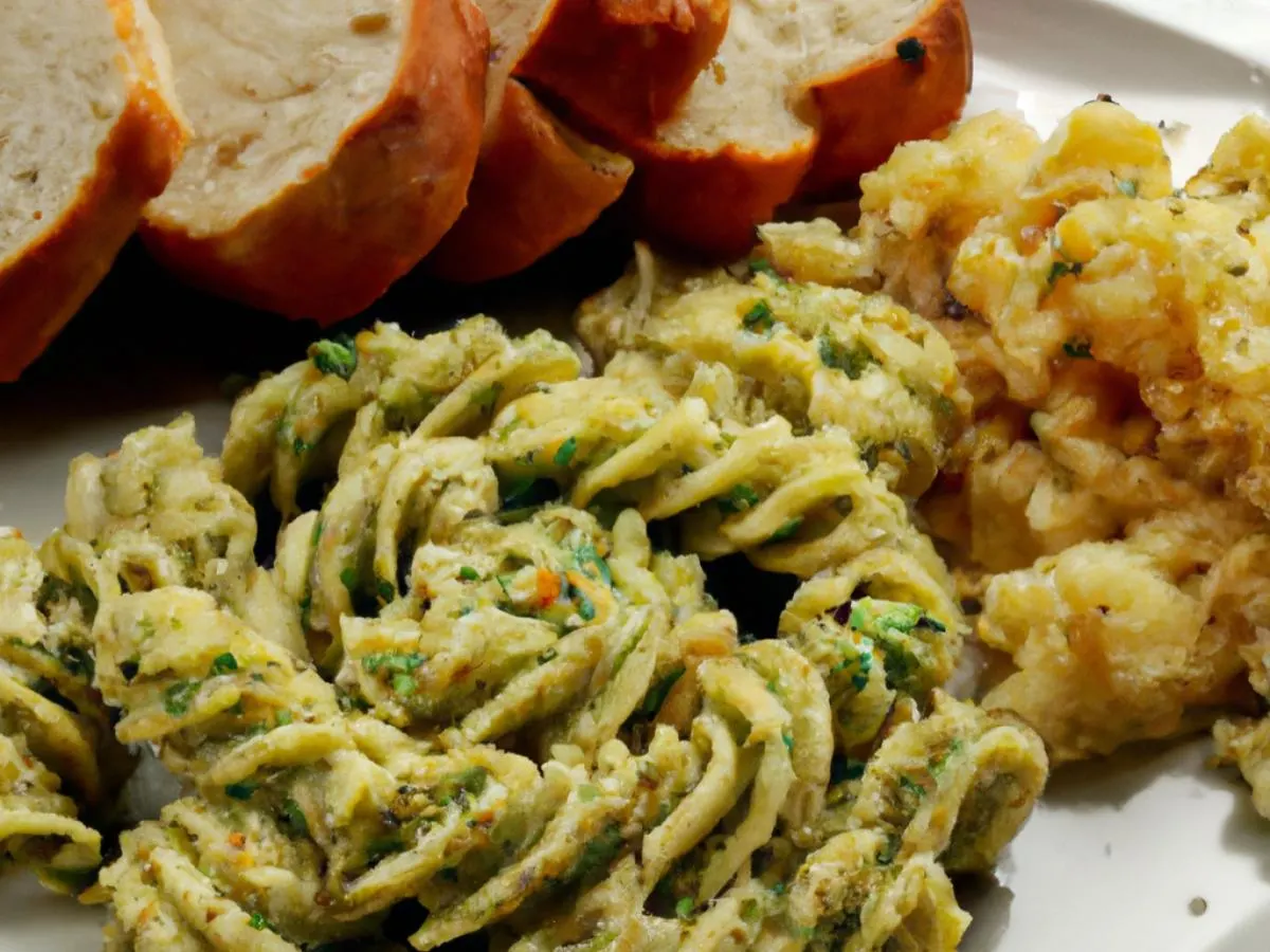 Pesto Pasta With Cheesy Mashed Potatoes and Garlic Bread