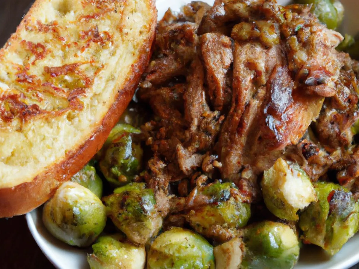 Pulled Pork With Roasted Brussel Sprouts and Garlic Bread