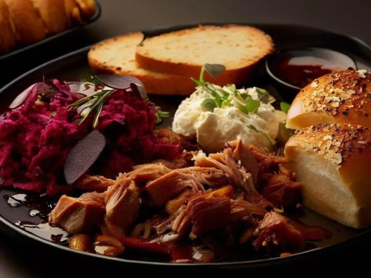 Pulled Pork With Beets & Feta and Garlic Bread