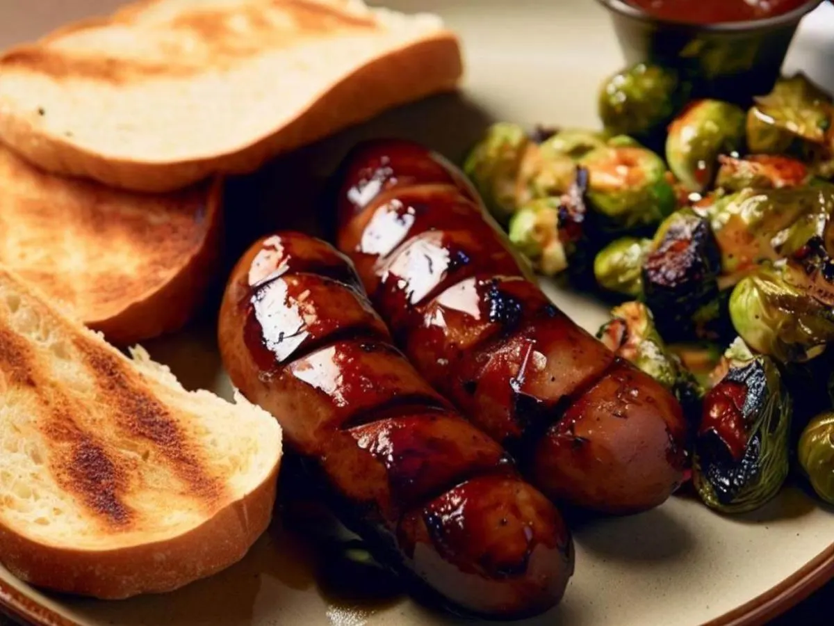 Andouille Sausage With Roasted Brussel Sprouts and Garlic Bread