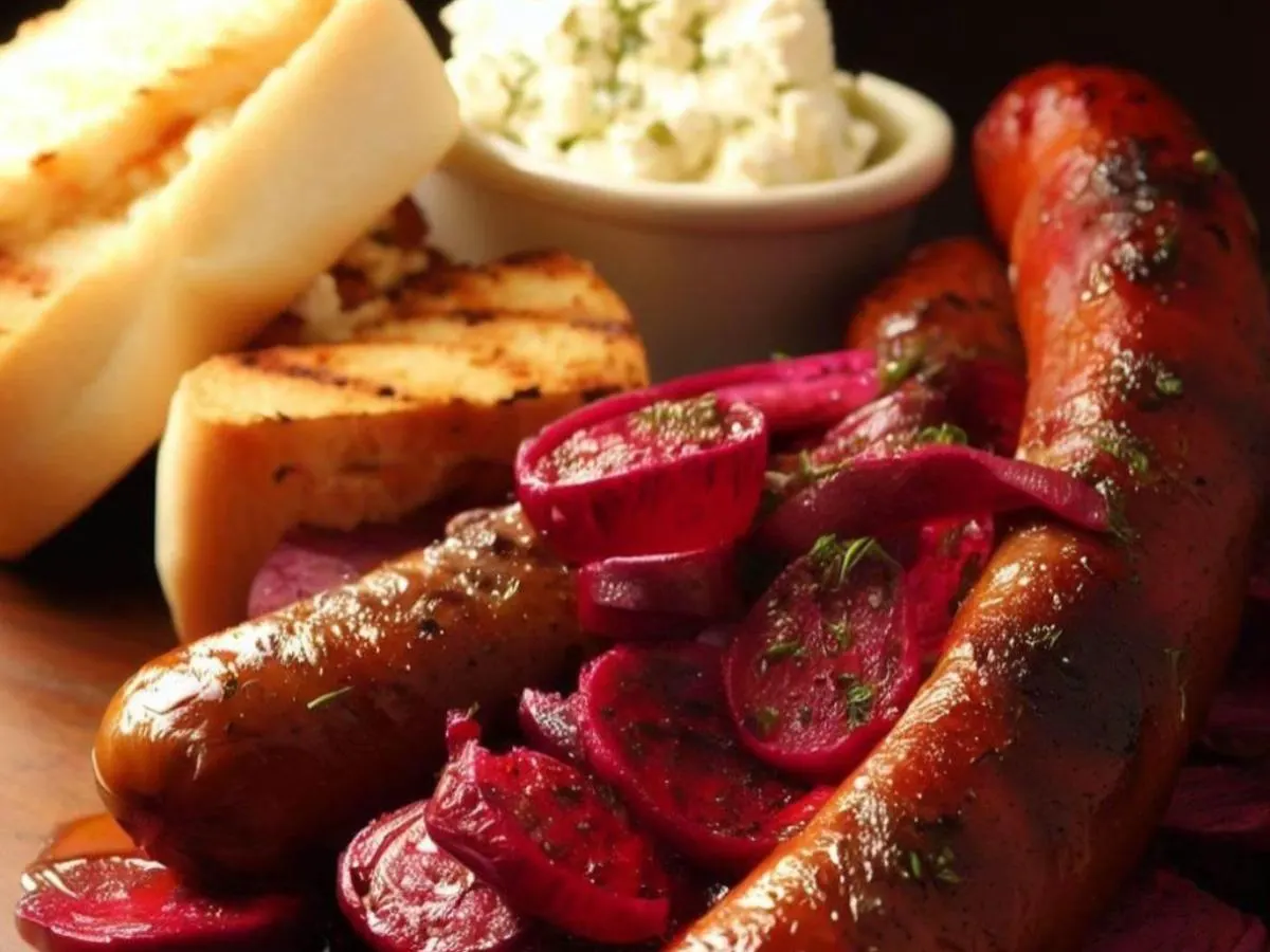Andouille Sausage With Beets & Feta and Garlic Bread