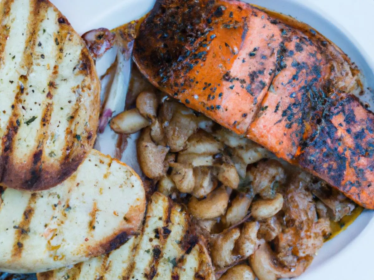 BBQ Salmon with Brisket Beans and Garlic Bread