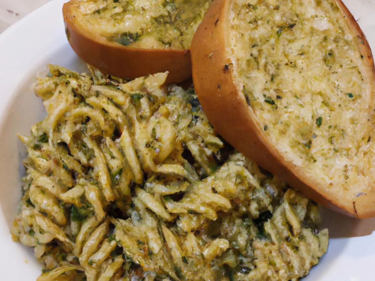 Pesto Pasta With Tangy Slaw and Garlic Bread