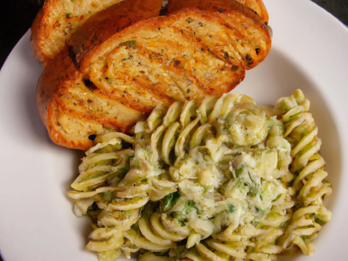 Pesto Pasta With Creamy Slaw and Garlic Bread